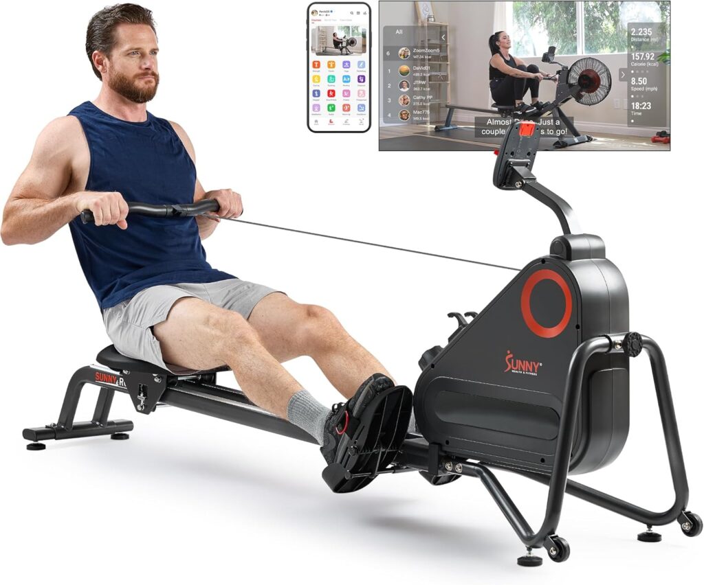 Sunny Health & Fitness Magnetic Rowing Machine for Home Exercise, Quiet & Smooth Rower with Compact Storage and Optional Free SunnyFit App Connectivity