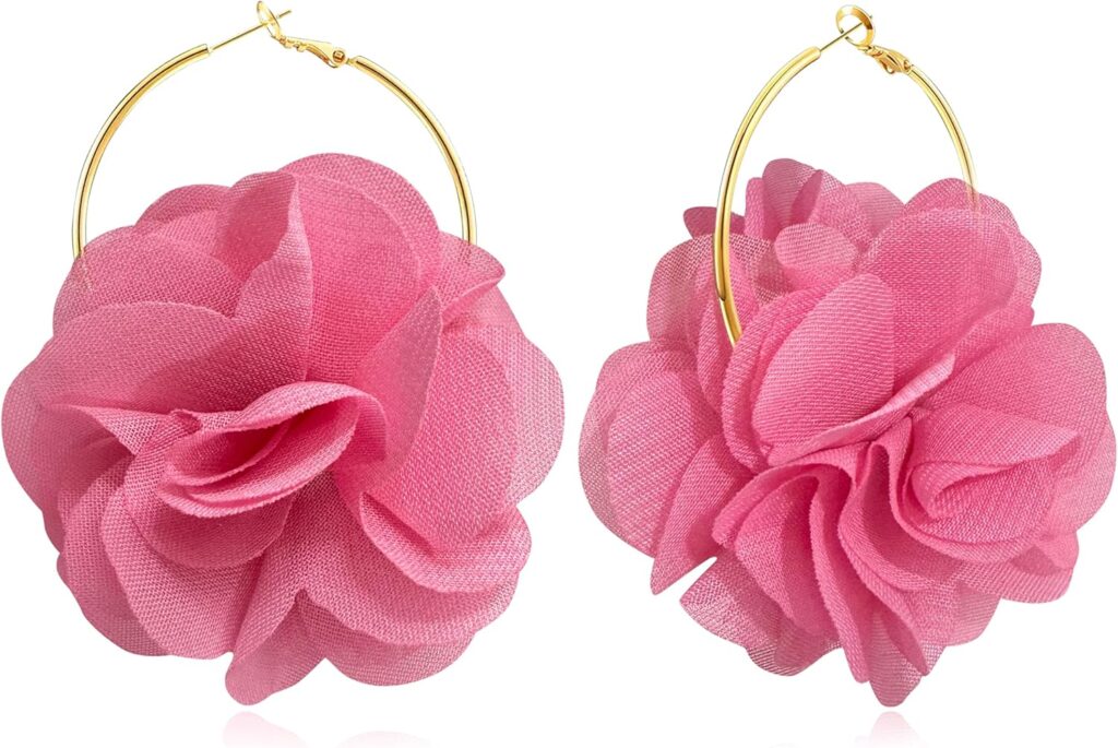 NONQL Bohemian Aesthetic Fabric Flower Lightweight Hoop Earrings Handmade Summer Vacation Dangle Drop Earrings For Women