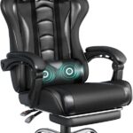Yaheetech Gaming Chair, Video Game Chair with Massage Lumbar Support and Footrest Height Adjustable Ergonomic Computer Chair with Swivel Seat and Headrest, Full Black