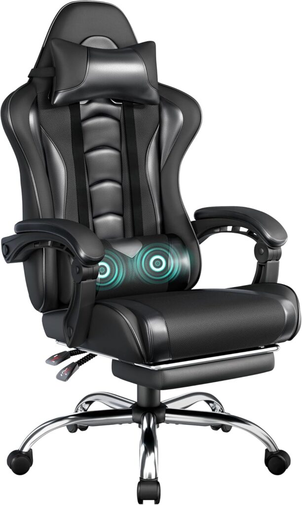 Yaheetech Gaming Chair, Video Game Chair with Massage Lumbar Support and Footrest Height Adjustable Ergonomic Computer Chair with Swivel Seat and Headrest, Full Black