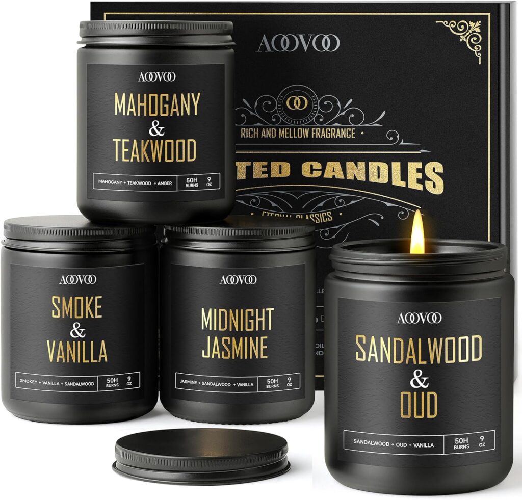 AOOVOO Scented Candles for Men – 4 Pack Candles for Home Scented, 36oz Soy Wax, 200 Hour Burn Time, Men Candle Set, Sandalwood Oud/Mahogany Teakwood/Smoke Vanilla/Jasmine Candle Set A
