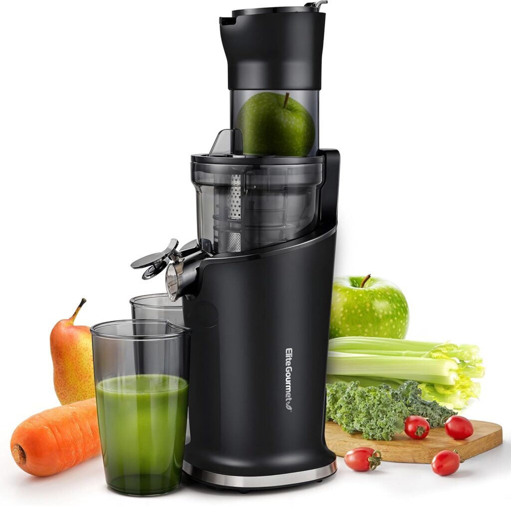 Elite Gourmet EJX017 Whole Fruit 3” Feeding Chute, Dynamic Masticating Slow Juicer, High Yield Cold Press Juice Extractor, Nutrient and Vitamin Dense, Easy to Clean, 27 oz Juice Cup, Black