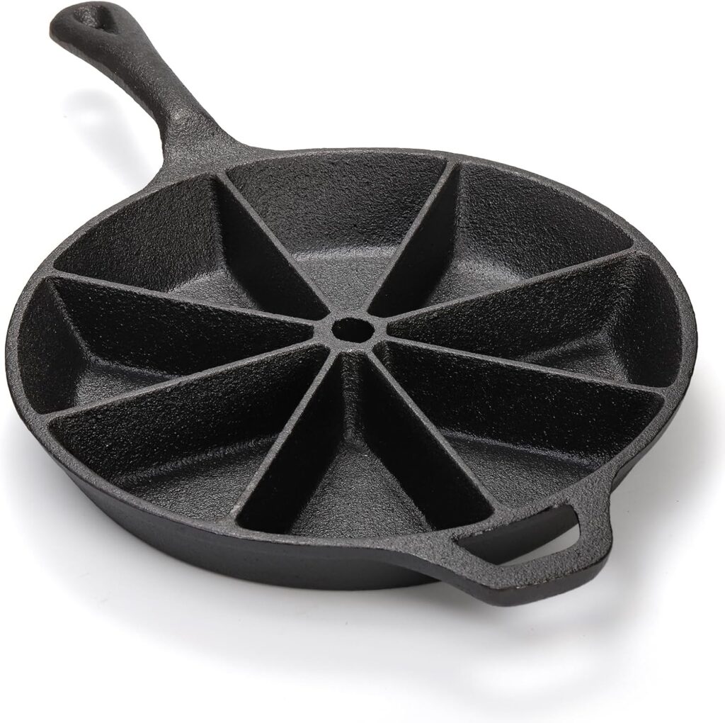 WUWEOT Cast Iron Wedge Pan, Round Corn Bread Skillet, 8-edges Biscuit Pan Mini Cake Pan with Long Handle for Scones, Corn Stick, Muffins, Cupcakes and Brownies