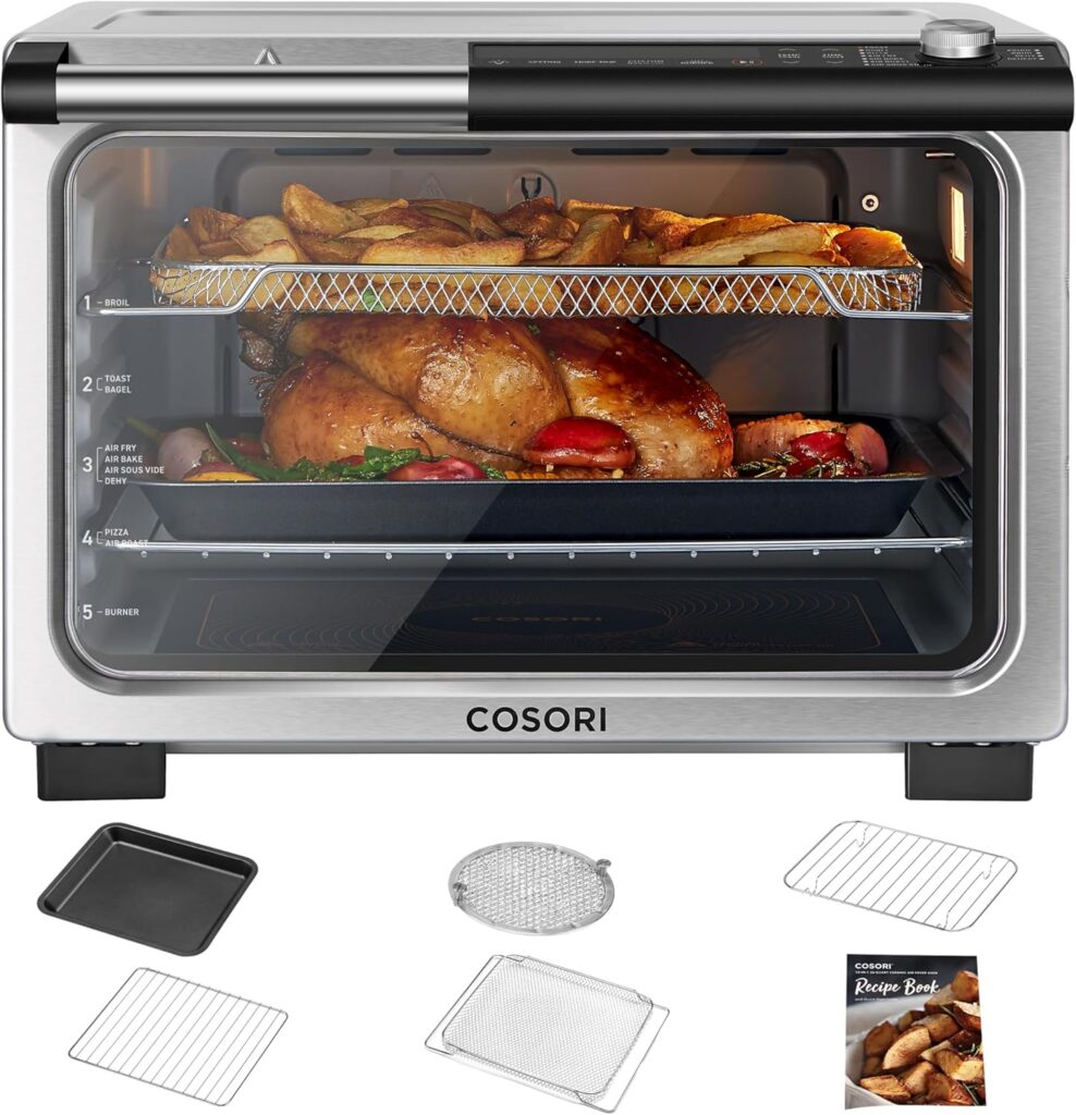 COSORI 11-in-1 Ceramic Air Fryer Toaster Oven Combo, Flat-Sealed Heating Elements for Easy Cleanup, Innovative Burner Function, 5 Accessories & Recipes, 26QT, Silver, Stainless Steel