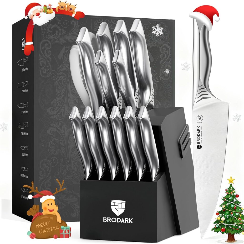 BRODARK Kitchen Knife Set with Block – 15-Piece Knife Block Set with Built-in Sharpener – High Carbon Stainless Steel Kitchen Knives Set for Kitchen – Christmas Gift, Shark Series