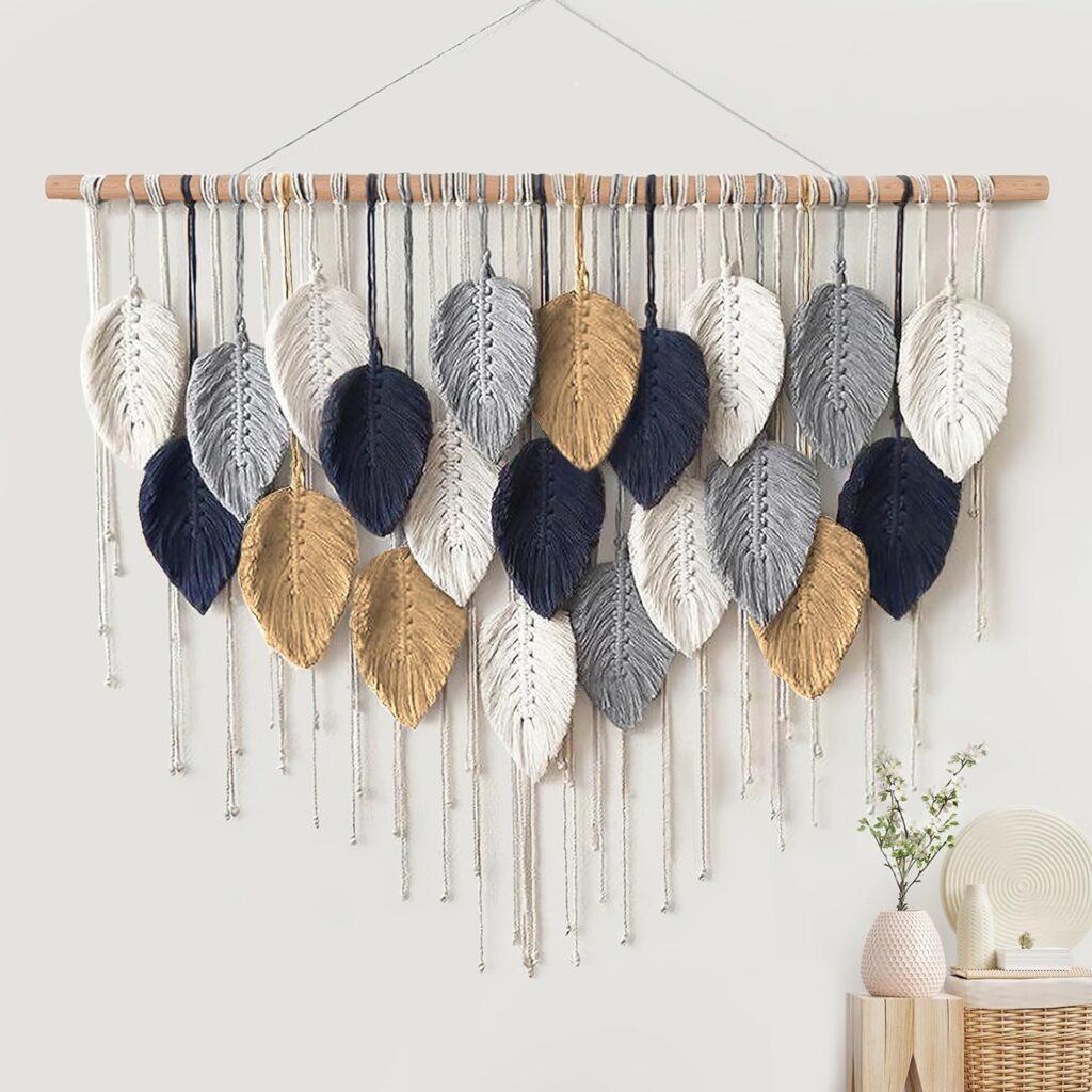 Alynsehom Large Macrame Wall Hanging, Boho Handmade Leaf Feather Bohemian Woven Tapestry, Chic Wall Art Home Decor for Bedroom Living Room Nursery Apartment Decorations(39″ W x 29.5″ L)