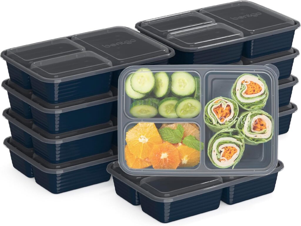 Bentgo Prep – 20-Piece 3-Compartment Reusable Meal Prep Containers with Lids, PFAS & BPA Free Materials, Durable, Microwave, Freezer, & Dishwasher Safe To Go Food Storage (Navy Blue)
