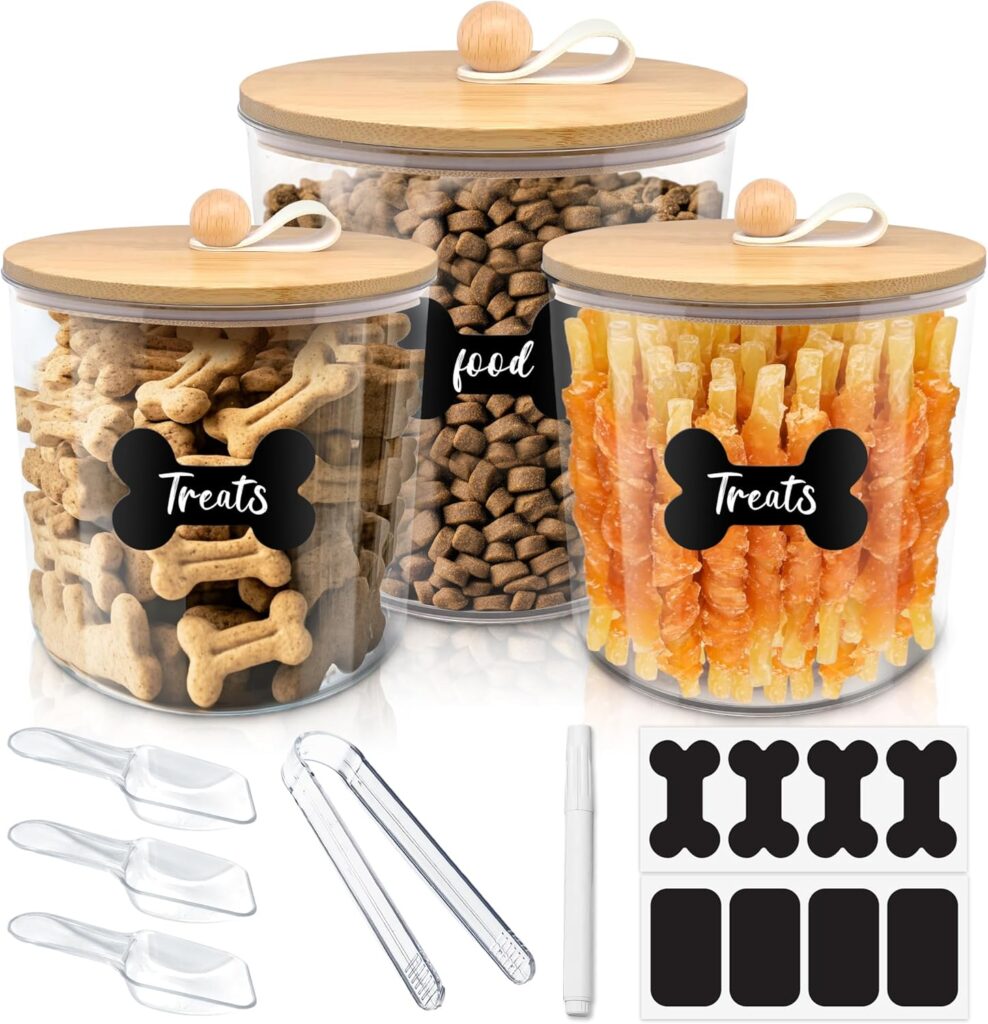 3 Pack Airtight Dog Food Storage Container, Dog Treat Container Dog Food Containers with Bamboo Lids 8×7”&6×5”,Pet Food Storage Container,Cat Food Container with Scoops,Clamp,Labels,Pen