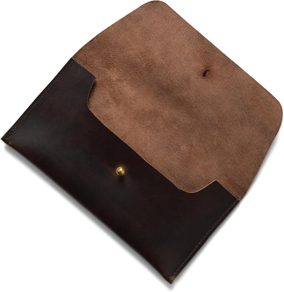 Leather Cash Envelope Wallet – Full Grain Cowhide, 8×4 Inch, Handcrafted with Antique Brass Hardware & Wax Thread – Dark Brown