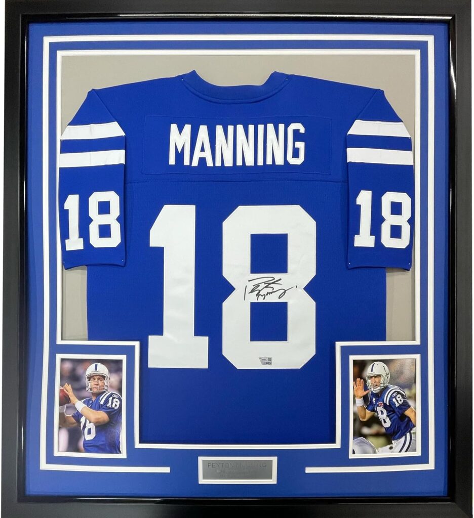Framed Autographed/Signed Peyton Manning 35×39 Indianapolis Colts Authentic Blue Football Jersey Fanatics COA
