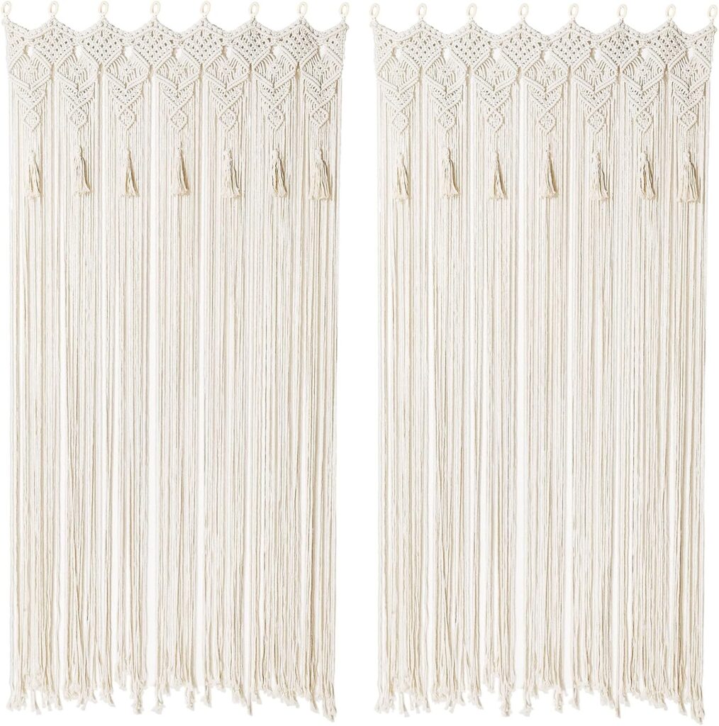 Boho Macrame Curtain Handmade String Curtain with Tassel Large Macrame Wall Hanging Boho Room Divider Art Decor for Living Room Bedroom Bohemian Wedding Party Decor, 2 Panels 79″ L x 35″ W