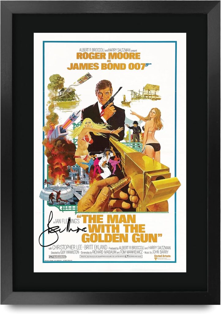 HWC Trading James Bond – The Man With The Golden Gun Movie Poster Roger Moore Signed 16 x 12 inch Framed Gift Printed Autograph Film Print Photo Picture Display – 16″ x 12″ Framed