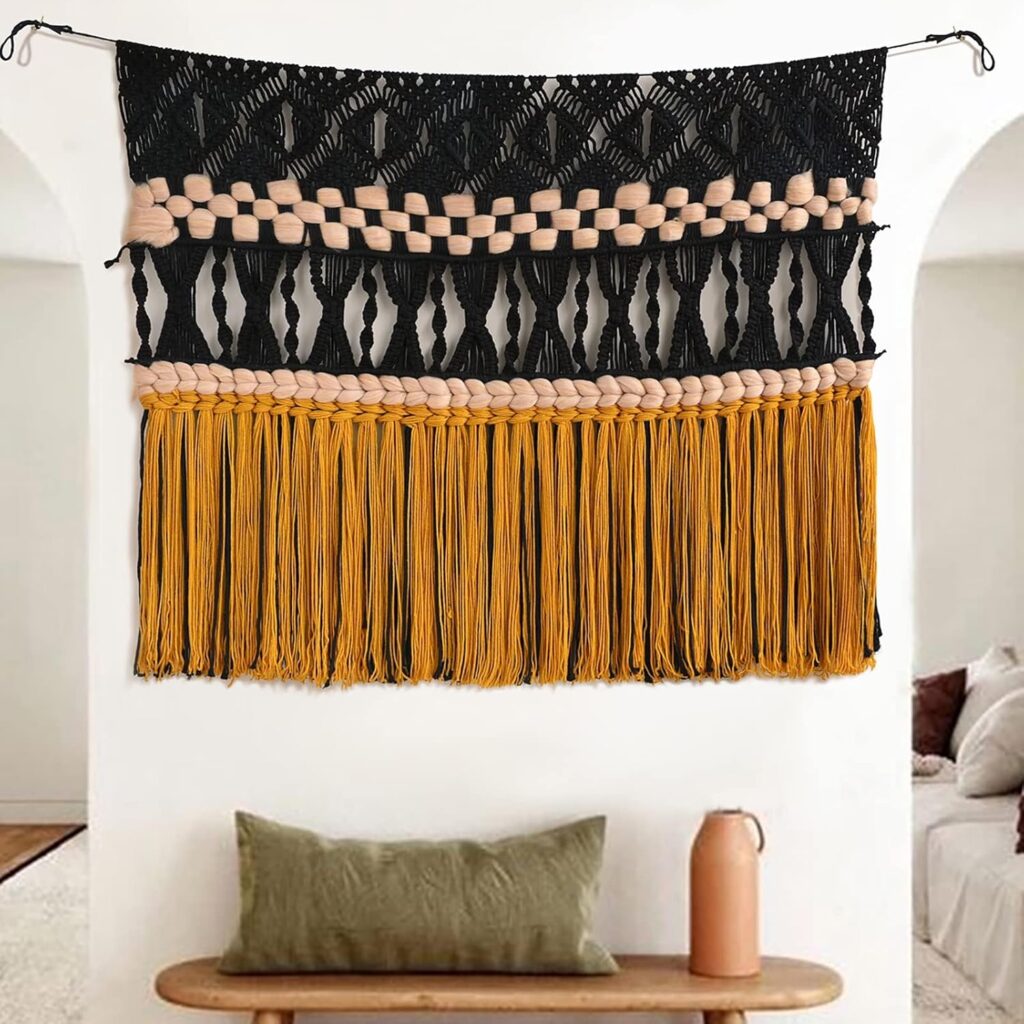IOWER Macrame Wall Hanging Black Woven Macrame Wall Decor Boho Wall Decor Handmade Home Room Decor 47″ W*35″ L