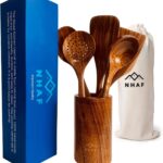 Premium Teak Healthy Spoons, Durable Eco-friendly Spatula, Wooden Utensils Set with Holder & Canvas Bag, Wooden Cooking Gifts for Mom