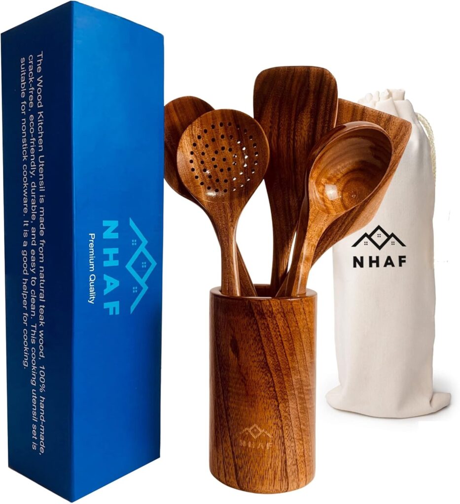 Premium Teak Healthy Spoons, Durable Eco-friendly Spatula, Wooden Utensils Set with Holder & Canvas Bag, Wooden Cooking Gifts for Mom