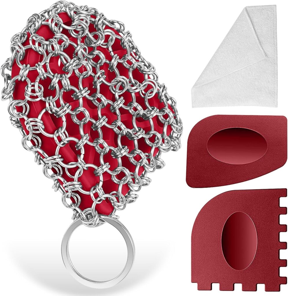 Herda Cast Iron Scrubber Scraper Tool Kit, 4Pieces Cast Iron Skillet Cleaner Cleaning Care Kit 316 Chain Mail Scrubber, Steel Skillet Brush Plastic Pan Scraper Set for Grill Griddle Pot Dish Food