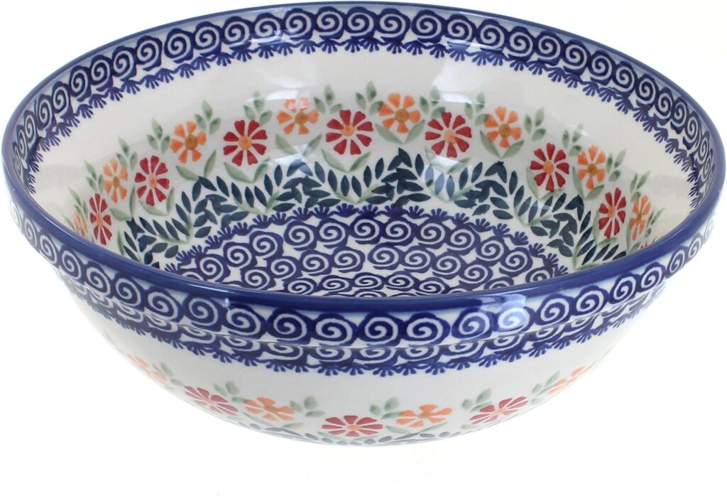 Blue Rose Polish Pottery – Orange Garden Bouquet Large Serving Bowl – 9.25″ Diameter – Perfect Serving Bowl for Pasta & Salad, Durable & Dishwasher Safe
