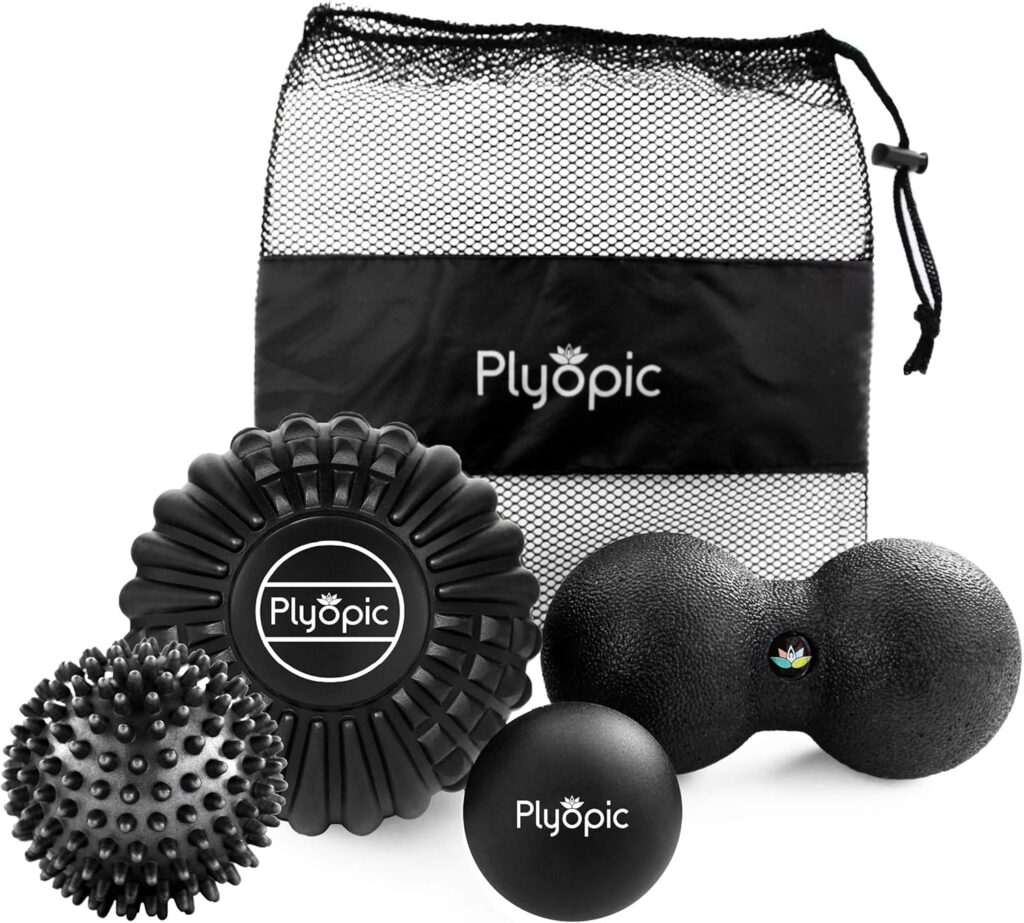 Plyopic Deep Tissue Massage Ball Set – Set of 4: Lacrosse, Spiky, Peanut and 5” Foam Roller Massager Balls for Muscle Massage, Mobility, Trigger Points and Myofascial Release
