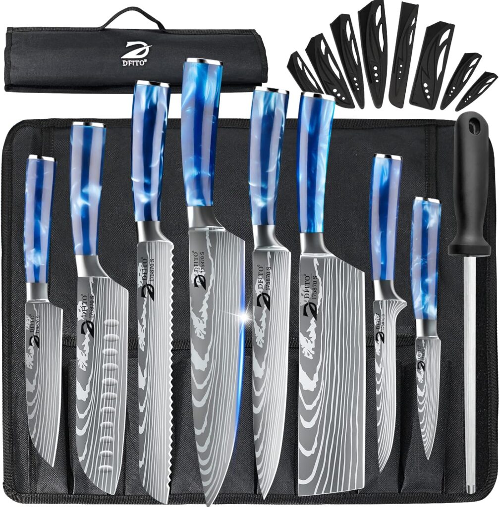 Dfito Chef Knife Sets with Roll Bag, 9 Pieces Professional Knife Set, High Carbon Stainless Steel Kitchen Chef Knife Set, Red Pakkawood Handle, Dishwasher Safe