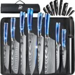 Dfito Chef Knife Sets with Roll Bag, 9 Pieces Professional Knife Set, High Carbon Stainless Steel Kitchen Chef Knife Set, Red Pakkawood Handle, Dishwasher Safe