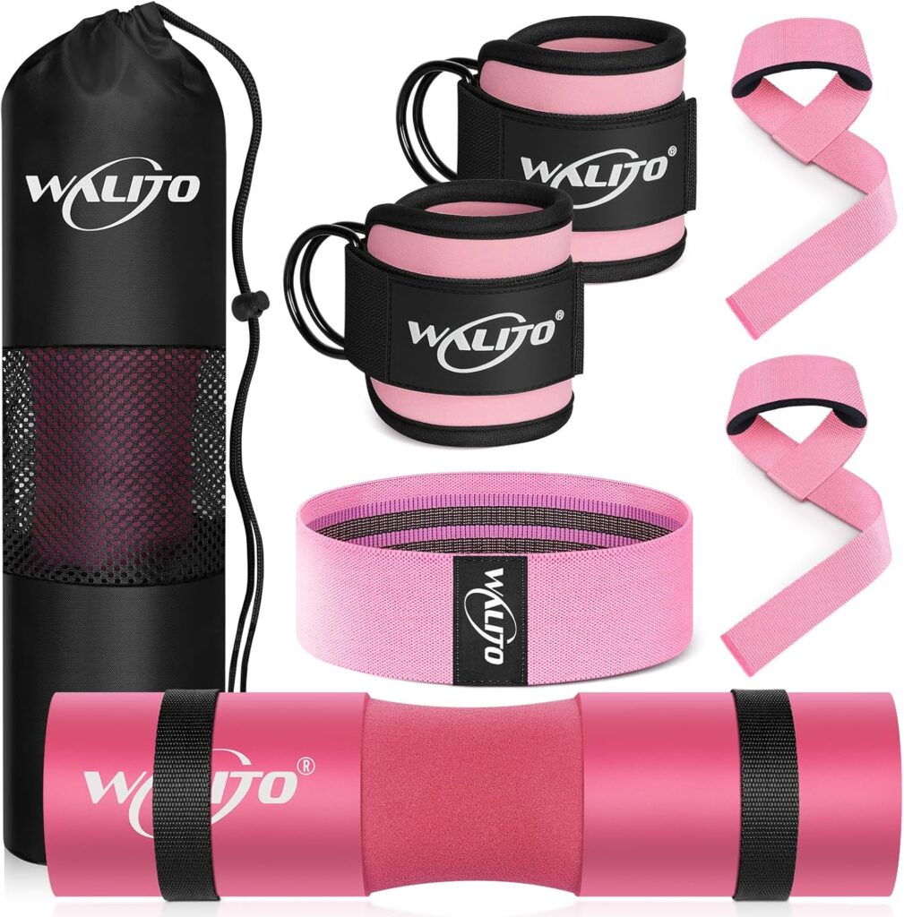 WALITO 7Pcs Barbell Pad Set for Hip Thrust – Squat Pad,Gym Accessories for Women with Bar Bad,Bench Press, with Gym Ankle Straps,Resistance Bands for Working Out,Lifting Strap,Carry Bag