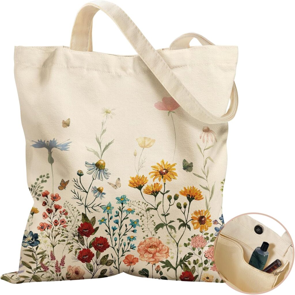 Aesthetic Tote Bag for Women- with Magnetic Buckle and Zipper Inner Pocket Cloth Cotton Canvas Tote Bags