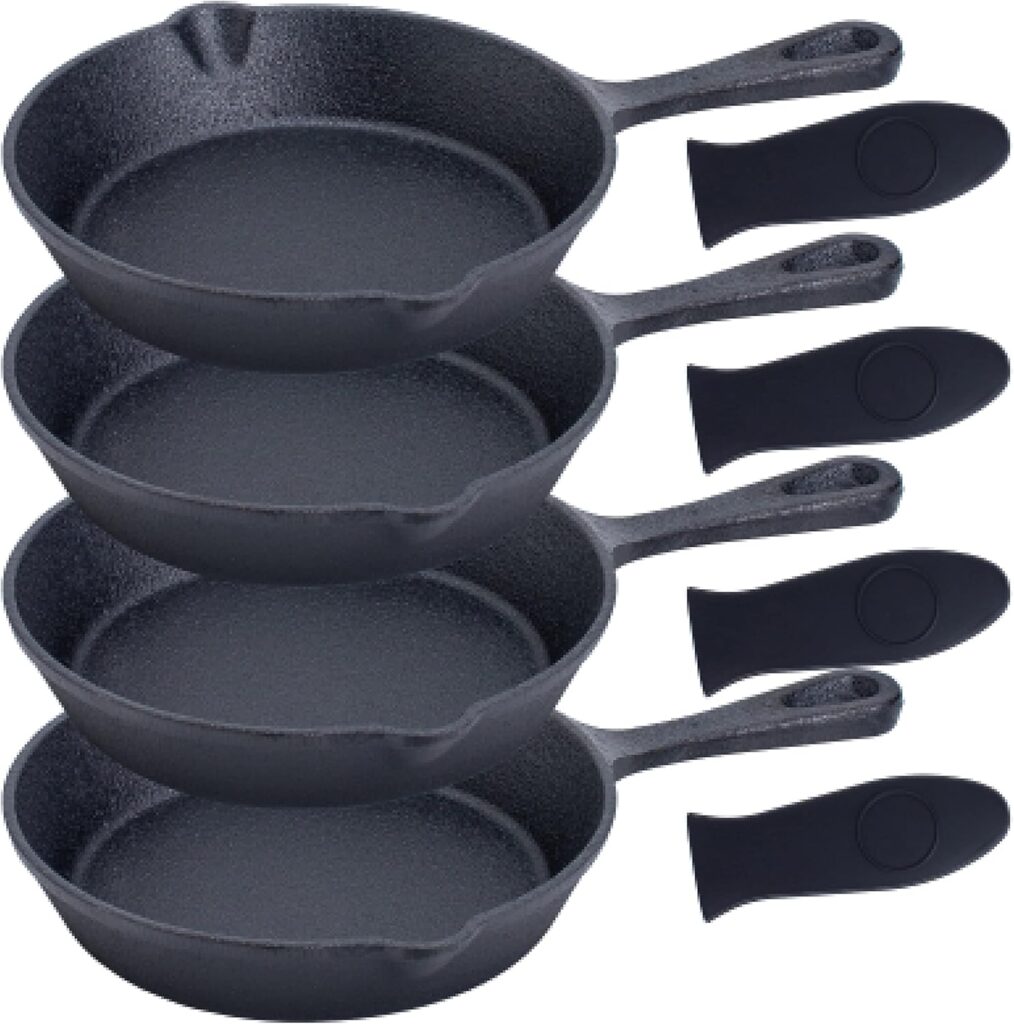 Bruntmor Cast Iron Frying Pan Set of 4-6×4 Inch Black Pre-Seasoned Skillets with Heat-Resistant Silicone – Mini Cast Iron Skillet Set for Stovetop, Oven, and Grill