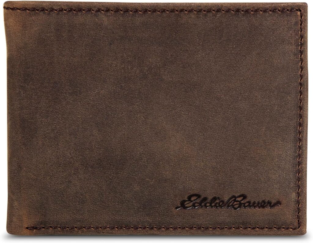 Eddie Bauer Men’s Rugged Leather Bifold Wallet | Money Clip | RFID Protection | ID Window | Genuine Leather | EDC