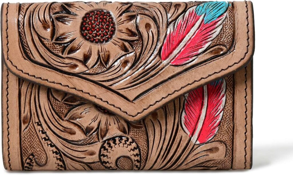 Merbaa Western Tooled Leather-Style Purse for Women – Handcrafted Floral Embossed Trifold Design | Multipurpose Vintage Western Clutch Wallet