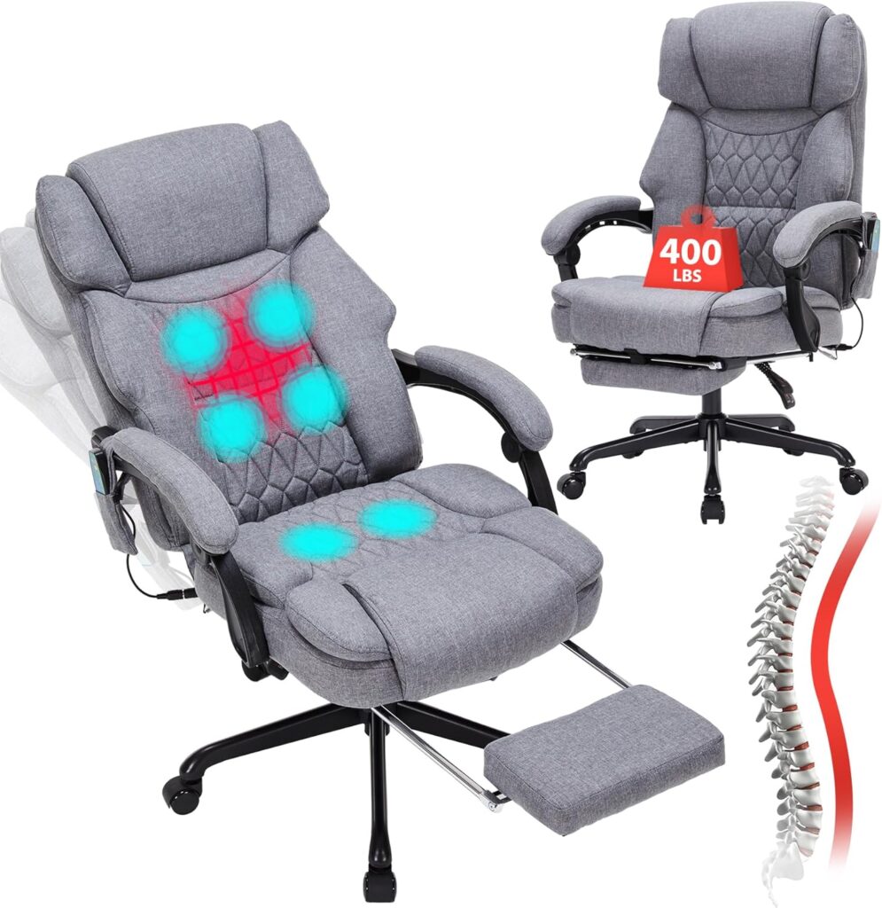 Massage Office Chair with Heat,Reclining Office Chair with Foot Rest,6 Points Vibration Home Desk Chairs for Heavy People 400lbs,Ergonomic Managerial Executive Chair (Grey)