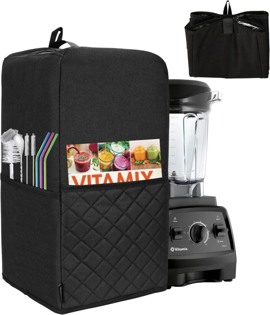 Hanging Blender Cover Compatible with Vitamix Low-Profile 64 oz. Blender, Foldable Dust Cover with Accessory Pockets for Kitchen Blender, Black Quilted