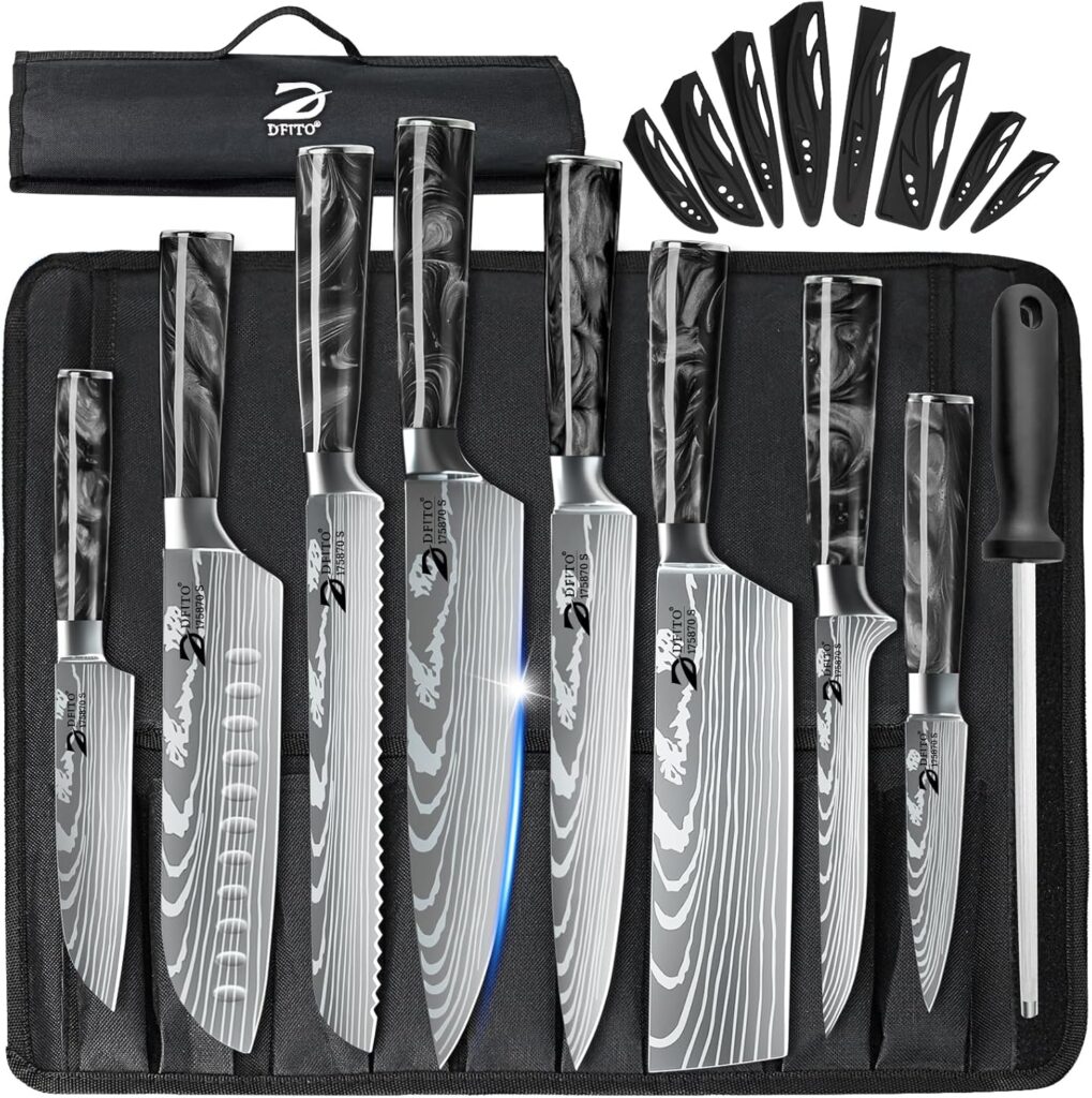 Dfito Chef Knife Sets with Roll Bag, 9 Pieces Professional Knife Set with Sharpener, High Carbon Stainless Steel Kitchen Chef Knife Set – Black Resin Handle, Dishwasher Safe, For Cooking, Chef Gifts