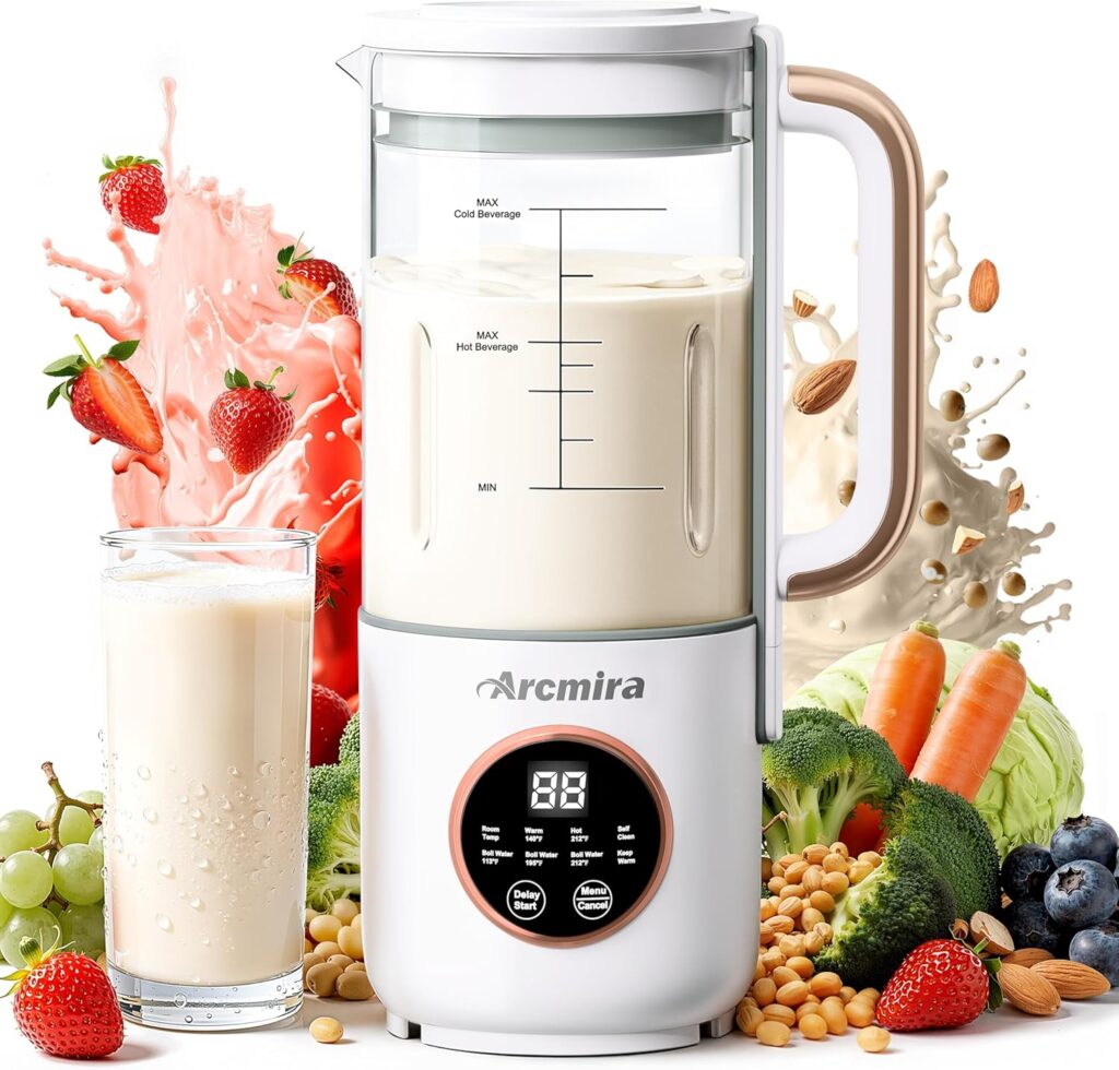 8 in 1 Automatic Nut Milk Maker, 10 Blade 35 oz Homemade Oat, Soy, Plant-Based and Dairy Free Beverages, Almond Milk Maker with Delay Start/Keep Warm/Boil Water, Soy Milk Maker with Nut Milk Bag
