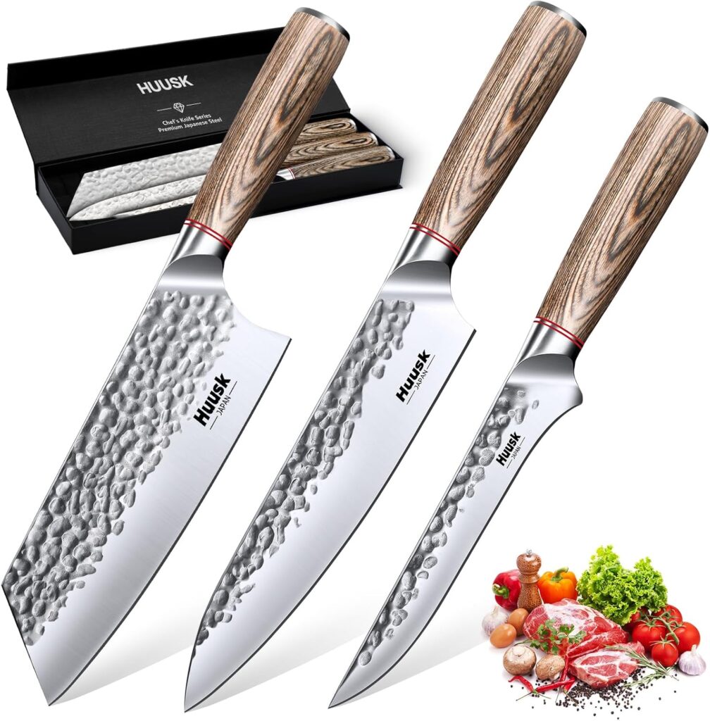Huusk Japanese Kitchen Knife Set, 3-Piece Professional Chef Knives Set for Kitchen, Hand Forged Butcher Knife Set for Meat Cutting, Meat Cleaver Boning Knife with Pakkawood Handle, Gift for Men