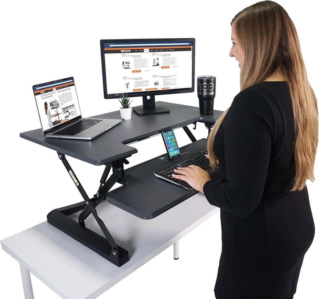 Victor DCX760G High Rise Collection Height Adjustable Standing Desk with Removable Keyboard Tray | Gray | 36” Wide Standing Desk | Professional or Home Use | Compatible with Most Monitor Arms