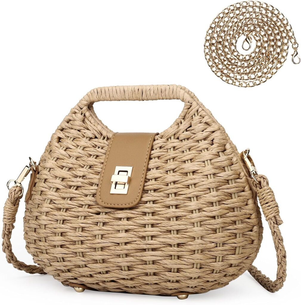 Women Straw Crossbody Bag,Straw Woven Purses with Chain,Beach Handbag for Women