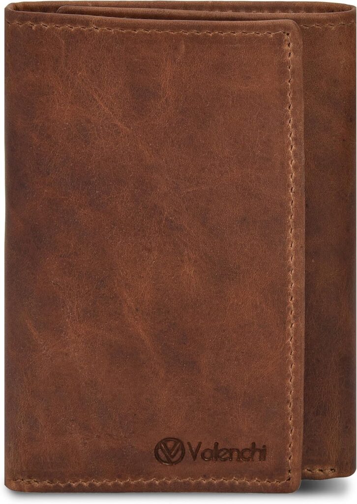 VALENCHI Genuine Real Leather Trifold Men’s Wallet – With Card Holder Slots, ID Window and Currency Compartment (Cognac Vintage TF03)
