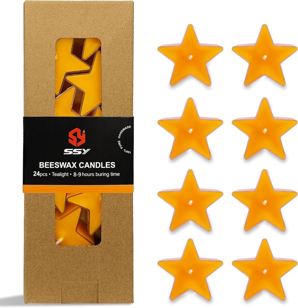 Star Shape Beeswax Tealight Candles, 24 Pack Handmade Natural Beeswax Tea Light Candles Set, Clear Cup Yellow Bees Wax Tealight 8 Hour Burn Time for Home Decor, Shabbat, Wedding, Emergency