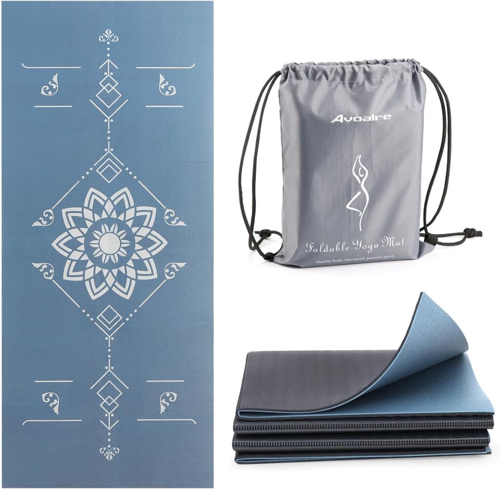 Avoalre Travel Yoga Mat Foldable | 6mm Thick Large Pilates Mat Print | Non-Slip High Density Floor Exercise Mat for Home Workout | Eco-Friendly Folding Fitness Mat for Women Men with Carrying Bag