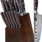SHAN ZU Knife Set 16 pcs, Japanese Kitchen Knife with Block High Carbon Stainless Steel Ultra Sharp Knife for Kitchen, Professional Chef Knife Set with Sharpener