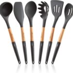 6 Pcs Cookward Silicone Cooking Utensils Set-Natural Wood Kitchen Utensils – Eco Friendly & BPA Free, Non-Scratch & Non-Stick Easy Grip -Dark gray