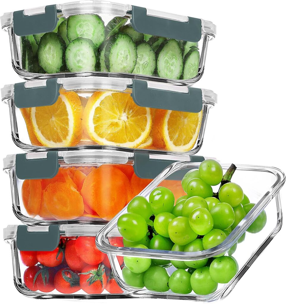 VERONES 5 Pack 36 OZ Glass Meal Prep Containers, Airtight Glass Lunch Containers Set, Glass Food Storage Containers with Lids,Exclusive of BPA, for Microwave, Oven, Freezer & Dishwasher Friendly,Grey