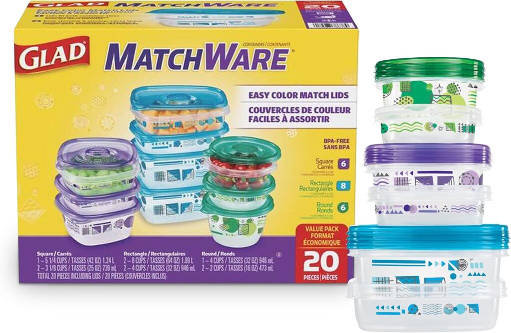 Glad GladWare Matchware Food Storage Containers, Value Pack – BPA Free Containers and Lids in a Variety of Sizes to Hold and Store Food Lock Tight Seal, 20 Count