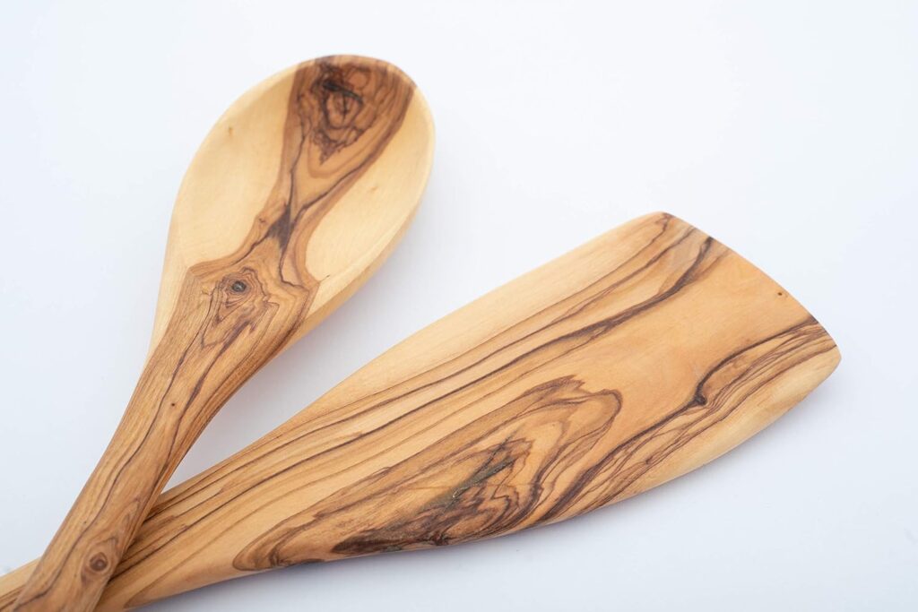 Handcrafted Olive Wood Cooking Spoon & Spatula (12 Inch Set of 2 Pieces) Carved by Talented Artists in Bethlehem, Practical Wooden Utensils Last for So Long, Resistant of Scratch