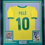 Framed Autographed/Signed Pele 35×39 Brazil Yellow Soccer Futbol Jersey Beckett BAS COA Auto #2
