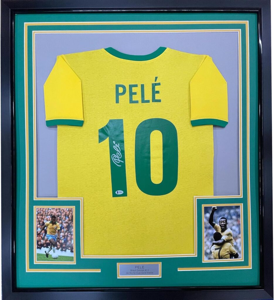 Framed Autographed/Signed Pele 35×39 Brazil Yellow Soccer Futbol Jersey Beckett BAS COA Auto #2