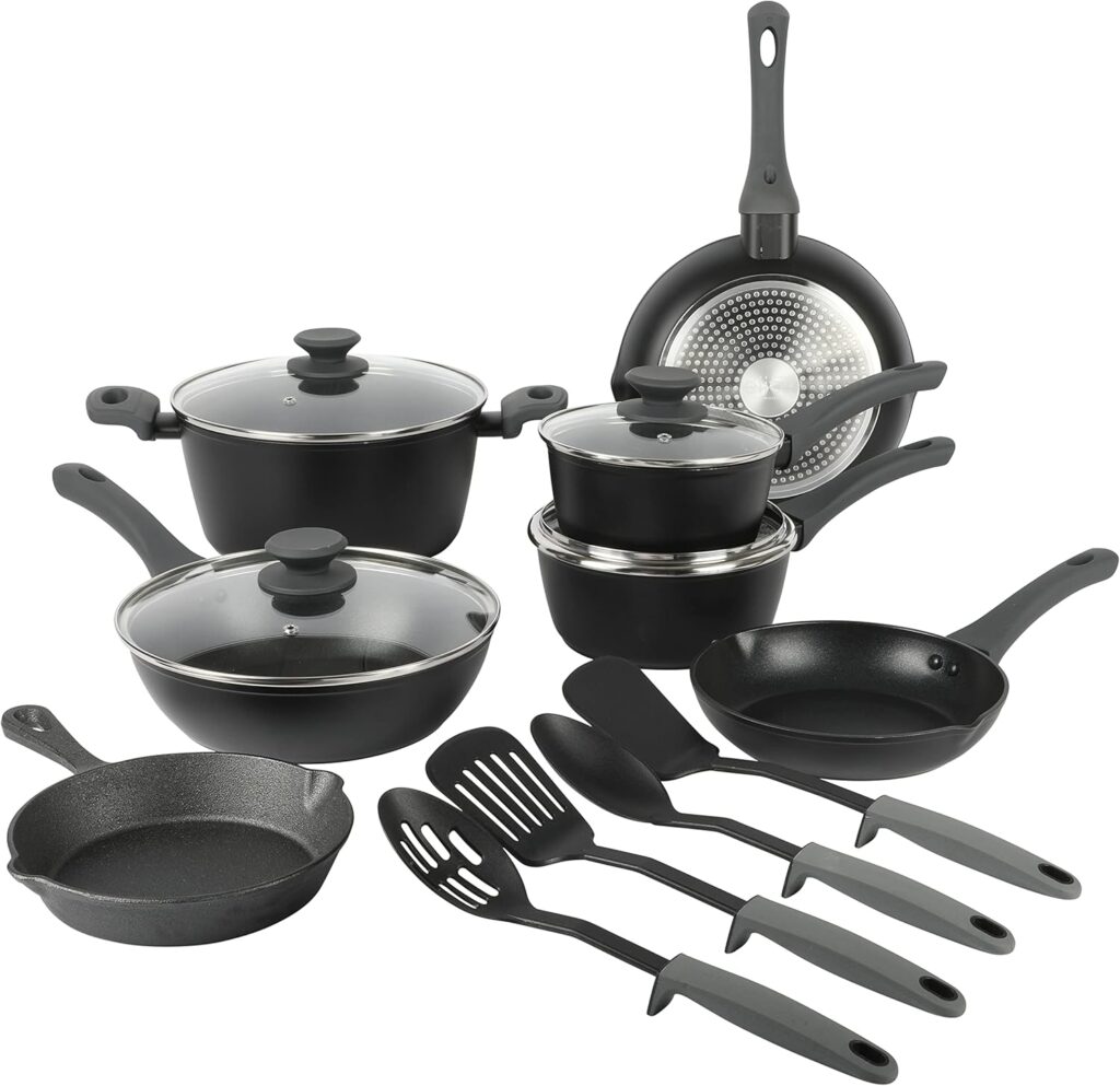 Gibson Soho Lounge Nonstick Forged Aluminum Induction Pots and Pans Cookware Set W/Cast Iron Skillet, 15-Piece Set, Black