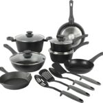 Gibson Soho Lounge Nonstick Forged Aluminum Induction Pots and Pans Cookware Set W/Cast Iron Skillet, 15-Piece Set, Black