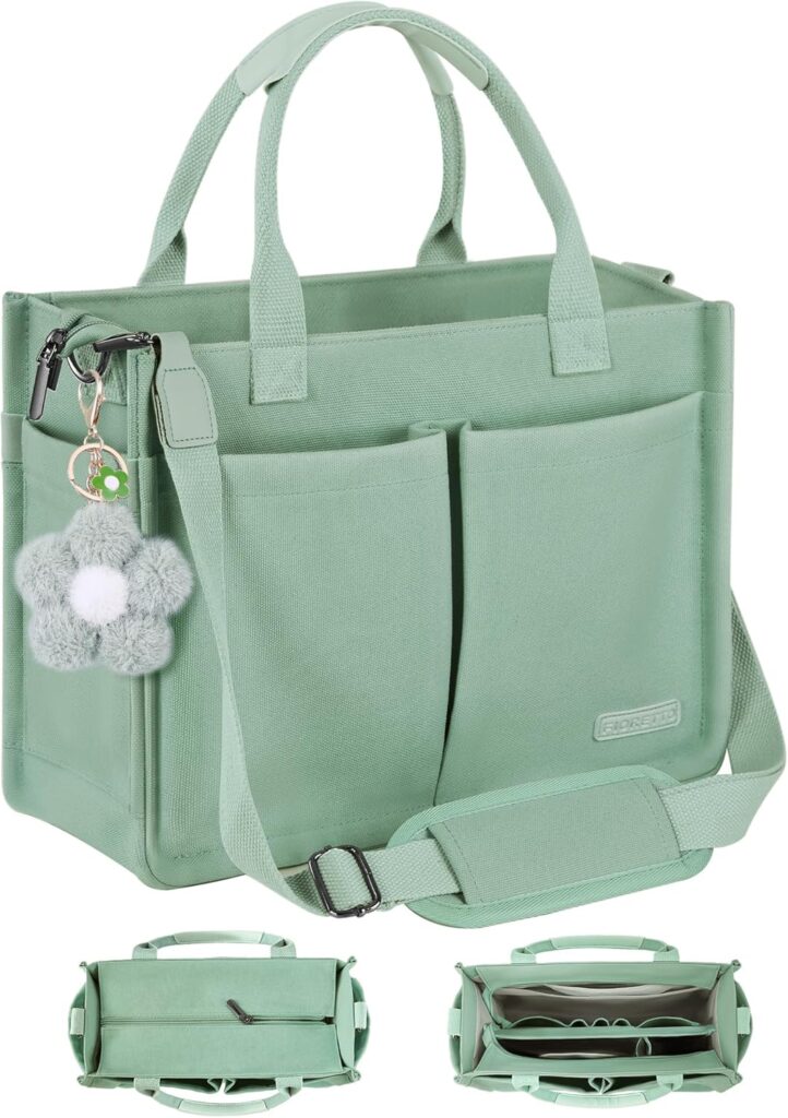 FIORETTO Womens Canvas Tote Bag Purse with Individual Compartment, Zipper Top, Reinforced Bottom & Luggage Sleeve