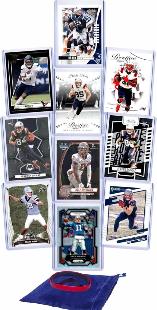 New England Patriots Cards: Drake Maye, Stefon Diggs, Hunter Henry, Rhamondre Stevenson, Kendrick Bourne, Kyle Williams, Demario Douglas, Drew Bledsoe, Tom Brady, Julian Edelman ASSORTED Football Stars & GOATs Trading Card & Wristbands Gift Pack